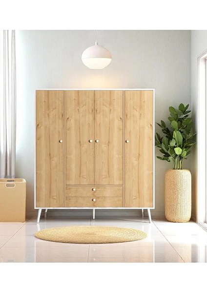 Riva Elbise Dolabı 4 Kapaklı Çekmeceli Dolap Gardırop | Meşe | Beyaz modelleri