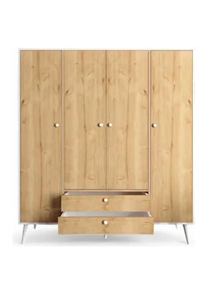 Riva Elbise Dolabı 4 Kapaklı Çekmeceli Dolap Gardırop | Meşe | Beyaz fırsatları