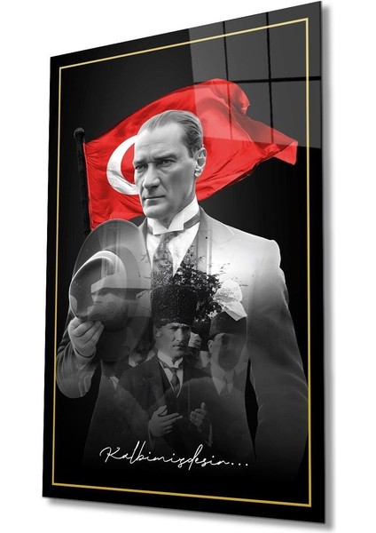 Atatürk Portre ve Türk Bayrağı Cam Tablo Modern Ev Ofis Salon Hediyelik Büyük Tablo Duvar Dekoru