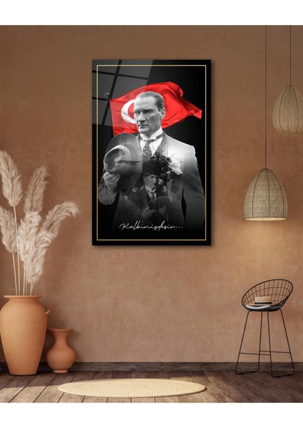 Atatürk Portre ve Türk Bayrağı Cam Tablo Modern Ev Ofis Salon Hediyelik Büyük Tablo Duvar Dekoru
