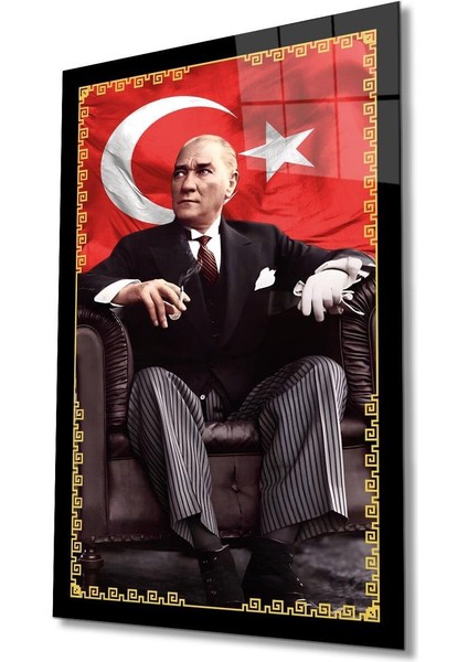 Atatürk Portre ve Türk Bayrağı Cam Tablo Modern Ev Ofis Salon Hediyelik Büyük Tablo Duvar Dekoru