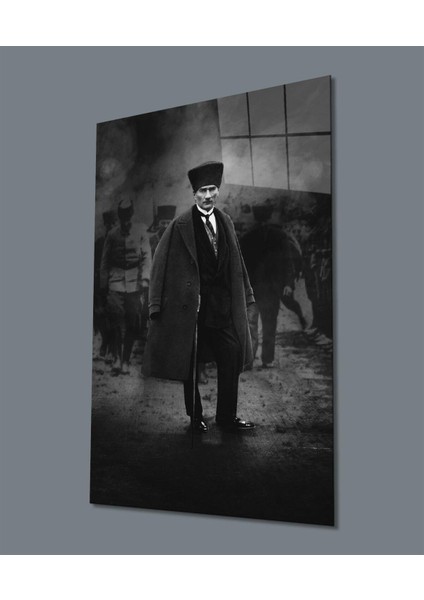 Atatürk Portre Dikey Siyah Beyaz Cam Tablo Hediyelik Büyük Tablo Ev Ofis Dekoru