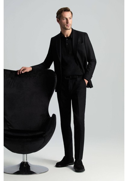 Yün Kaşmir Karışım Siyah Flanel Chino Pantolon