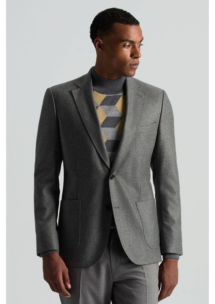 Italyan Yün Kaşmir Karışım Gri Blazer Ceket