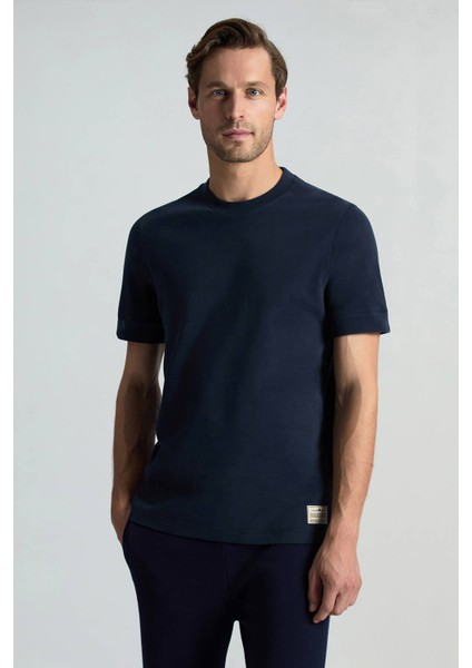 Saf Pamuk Bisiklet Yaka Lacivert Basic T-Shirt