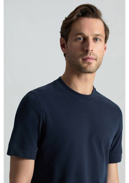 Saf Pamuk Bisiklet Yaka Lacivert Basic T-Shirt modelleri