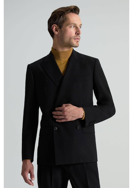 Italyan Yün Karışımlı Siyah Kruvaze Blazer Ceket