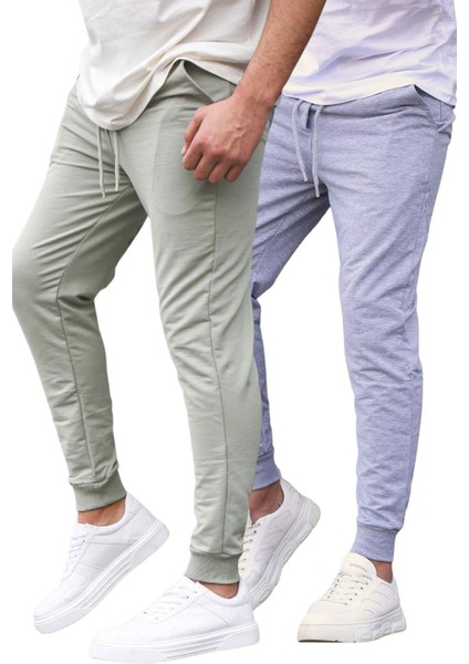 Çağla Yeşili/gri Paçası Lastikli 2'li Paket Erkek Eşofman Altı E7446