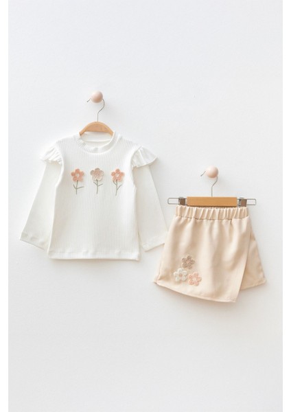 Papatya Örgü Detaylı Kız Çocuk Şort etekli takım - Krem
