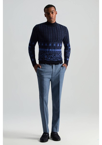 Yün Kaşmir Karışım Çelik Mavi Flanel Chino Pantolon