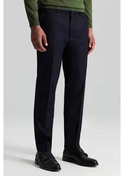 Yün Kaşmir Karışım Koyu Mavi Flanel Chino Pantolon