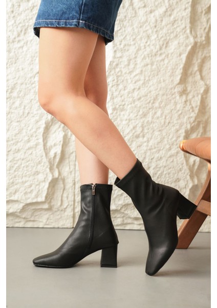 Kadın Guzzi Streç Kısa Bot - Siyah-Deri