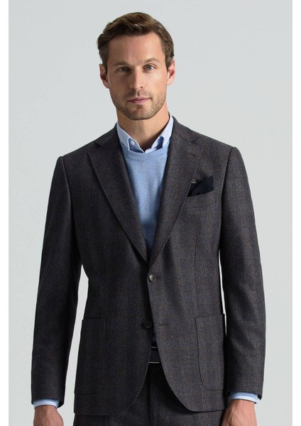 Italyan Yün Kaşmir Karışım Ekose Desen Antrasit Blazer Ceket