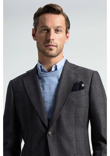 Italyan Yün Kaşmir Karışım Ekose Desen Antrasit Blazer Ceket modelleri