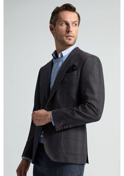 Italyan Yün Kaşmir Karışım Ekose Desen Antrasit Blazer Ceket indirimleri