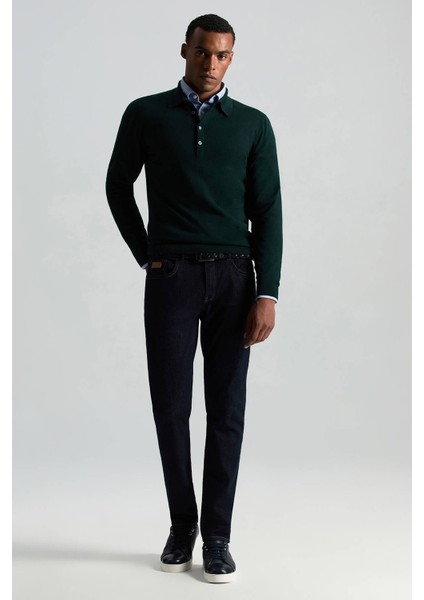 Extrafine Merino Polo Yaka Zümrüt Yeşili Triko