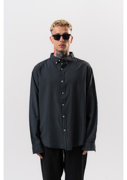 Erkek Uzun Kol Oversize Vual Gömlek Siyah