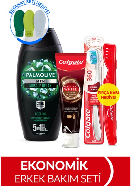 Diş Macunu 125 Ml, Orta Diş Fırçası, Palmolive Men Duş Jeli 500 ml + Seyahat Kiti & Fırça Kabı