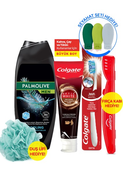 Diş Macunu 125 Ml, Orta Diş Fırçası, Palmolive Men Duş Jeli 500 ml + Seyahat Kiti & Fırça Kabı indirimleri
