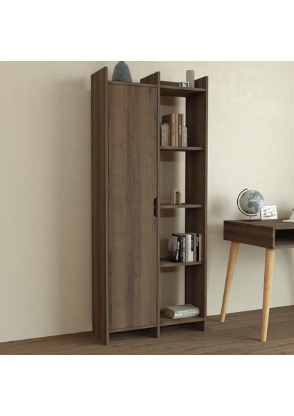 Offer Tek Kapaklı Çok Raflı Kitaplık, Kütüphane - Antik Ceviz