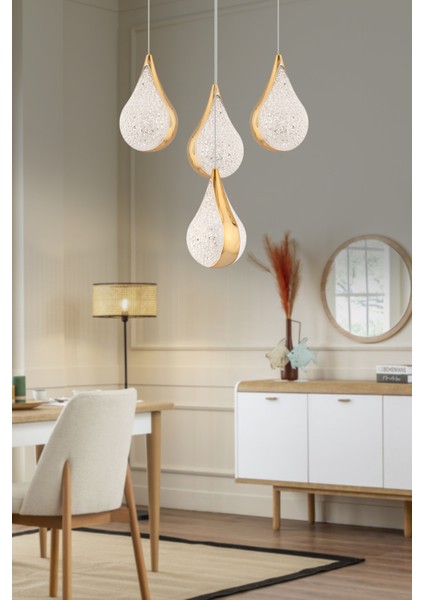 Biana 4'lü Yuvarlak Gold Damla Başlıklı Modern Salon LED Avize