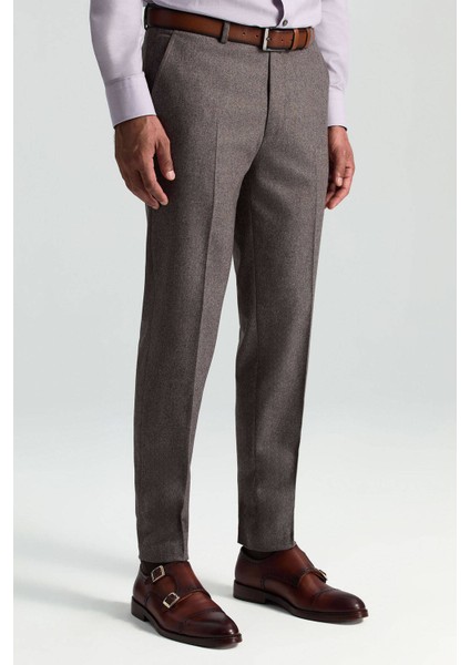Yün Kaşmir Karışım Vizon Rengi Flanel Chino Pantolon