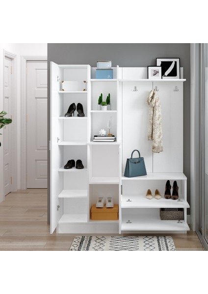 Jador Aynalı Askılı Kapaklı Vestiyer Ayakkabılık Portmanto Raf Beyaz fiyatları