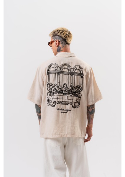 Erkek Da Vinci Nakışlı Oversize Gömlek Bej