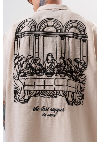 Erkek Da Vinci Nakışlı Oversize Gömlek Bej indirimleri