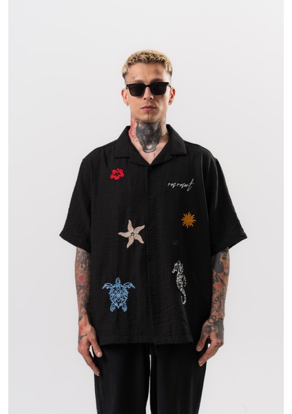 Erkek Res Resort Nakışlı Oversize Gömlek Siyah