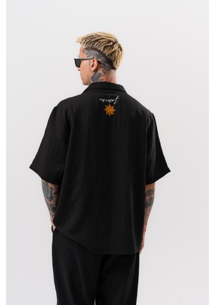 Erkek Res Resort Nakışlı Oversize Gömlek Siyah modelleri