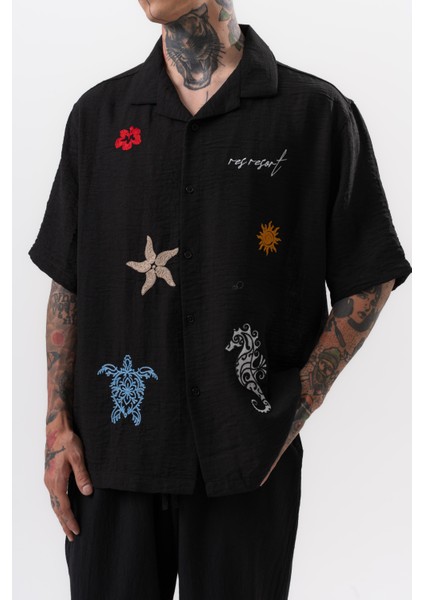 Erkek Res Resort Nakışlı Oversize Gömlek Siyah fırsatları