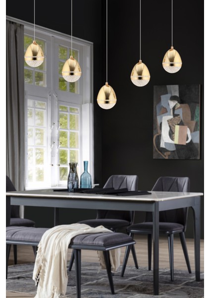 Amaya 5'li Sıralı Gold Damla Başlıklı Modern Salon LED Avize