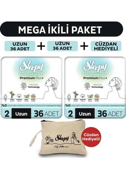 Bio Natural Premium Plus Hijyenik Ped Mega Paket Uzun 36X2 (72 Adet) + Cüzdan Hediyeli