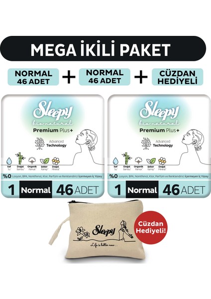 Bio Natural Premium Plus Hijyenik Ped Mega Paket Normal 46X2 (92 Adet) + Cüzdan Hediyeli
