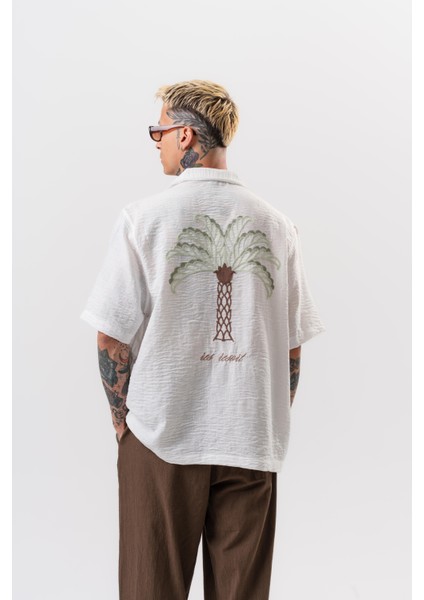 Erkek Palm Nakışlı Oversize Gömlek Beyaz