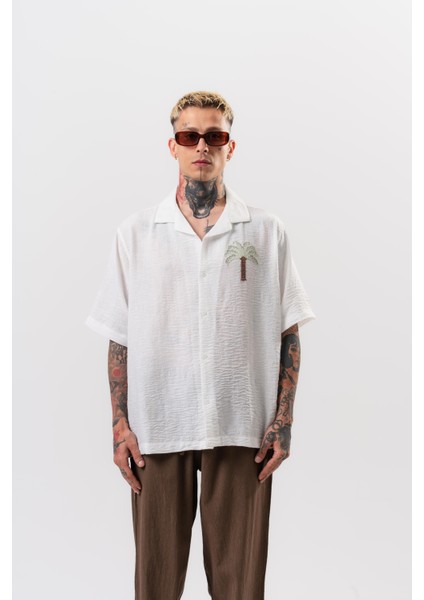 Erkek Palm Nakışlı Oversize Gömlek Beyaz fiyatları