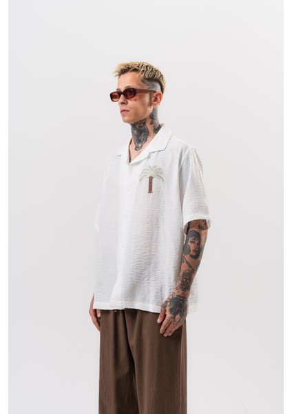Erkek Palm Nakışlı Oversize Gömlek Beyaz modelleri