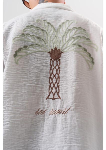 Erkek Palm Nakışlı Oversize Gömlek Beyaz fırsatları