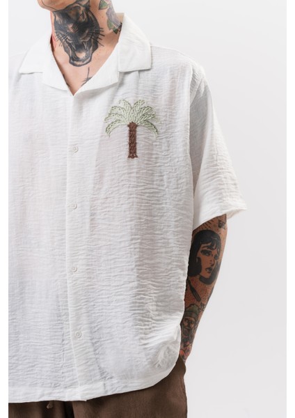 Erkek Palm Nakışlı Oversize Gömlek Beyaz indirimleri