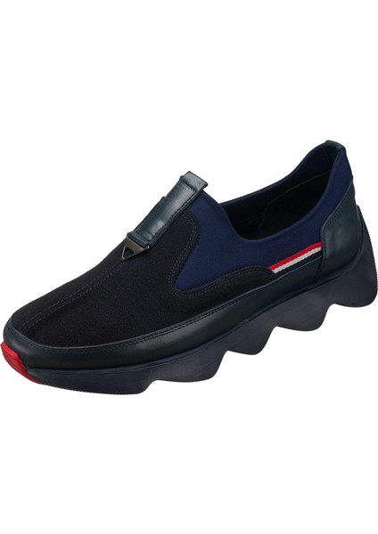 ST1963 Lacivert Dana Derisi Siyah Streç Giyimi Kolay Rahat Geniş Kalıp Erkek Ayakkabısı
