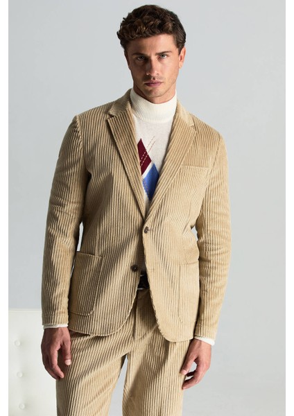 Pamuk Karışımlı Çizgi Desen Camel Kadife Blazer Ceket