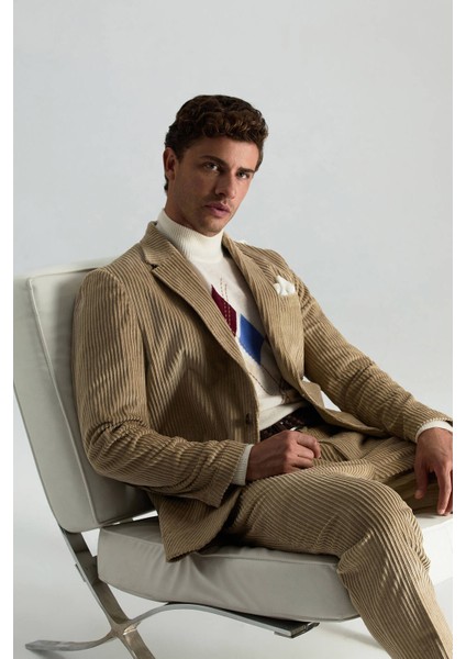 Pamuk Karışımlı Çizgi Desen Camel Kadife Blazer Ceket fiyatları