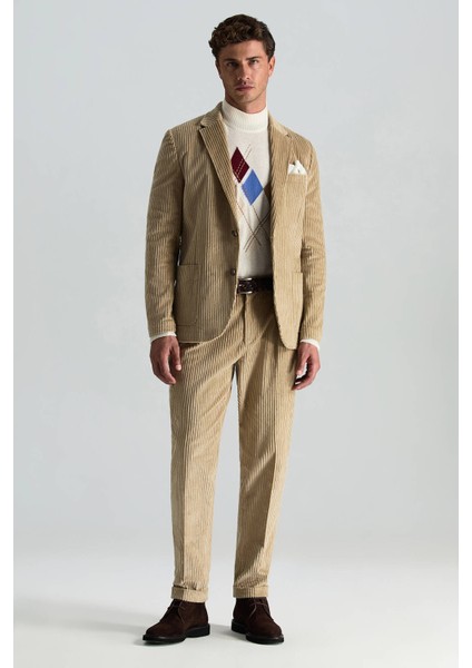 Pamuk Karışımlı Çizgi Desen Camel Kadife Blazer Ceket modelleri