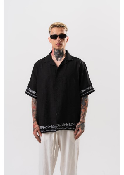 Erkek Nakış Detaylı Oversize Gömlek Siyah