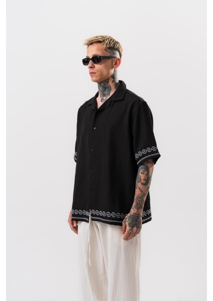 Erkek Nakış Detaylı Oversize Gömlek Siyah fiyatları