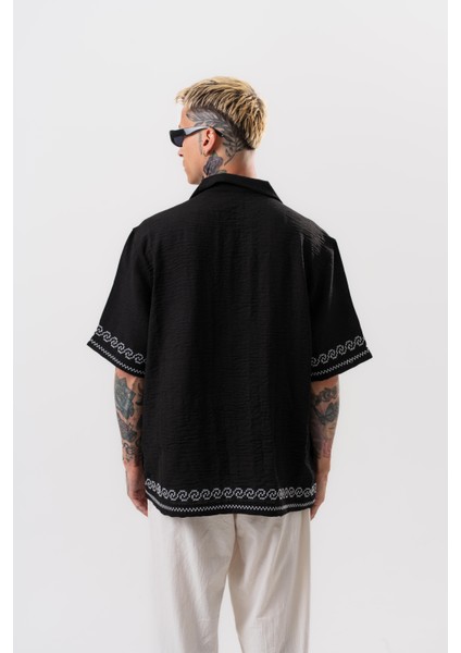 Erkek Nakış Detaylı Oversize Gömlek Siyah modelleri