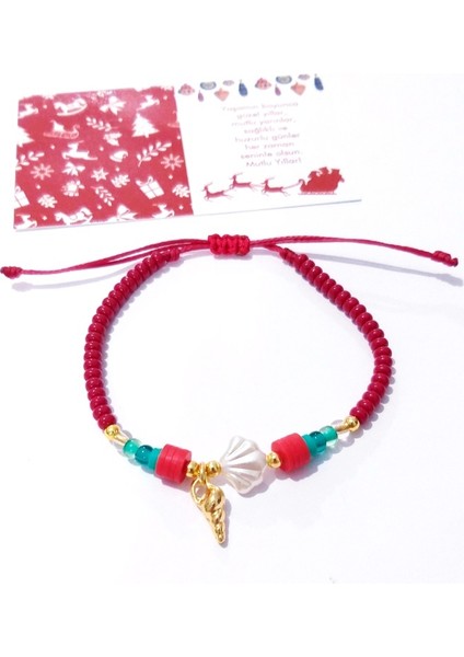 Yılbaşı Kartlı Deniz Kabuklu Fimo ve Çek Cam Boncuklu Yılbaşı Bileklik