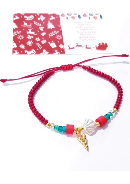 Yılbaşı Kartlı Deniz Kabuklu Fimo ve Çek Cam Boncuklu Yılbaşı Bileklik