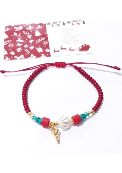 Yılbaşı Kartlı Deniz Kabuklu Fimo ve Çek Cam Boncuklu Yılbaşı Bileklik